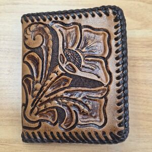 Hand Tooled Floral Leather Bifold Wallet Whipstitch Edge Brown Western Mens